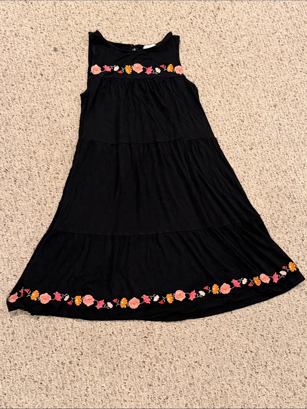 LOFT Black Tiered Dress with Pink & Orange Floral Embroidery
